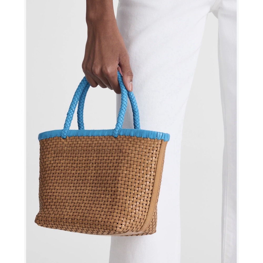 Madewell Leather Tan Blue Mini Tote New Signature Woven OA251